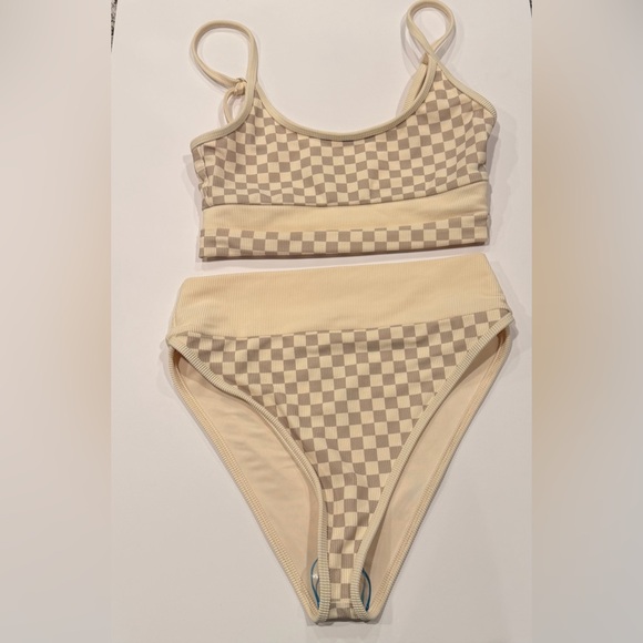 NWOT Beach Riot Eva Bikini in Tan Checkered Top M and Bottoms L High Waisted Set - Picture 2 of 15